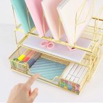 Youbetia Desk Organizers and Accessories - Double Tray and 5 Upright Sections, Office Supplies Desk Organizer with Drawer, File Office Organization with Binder Clips, Gold - Image 7